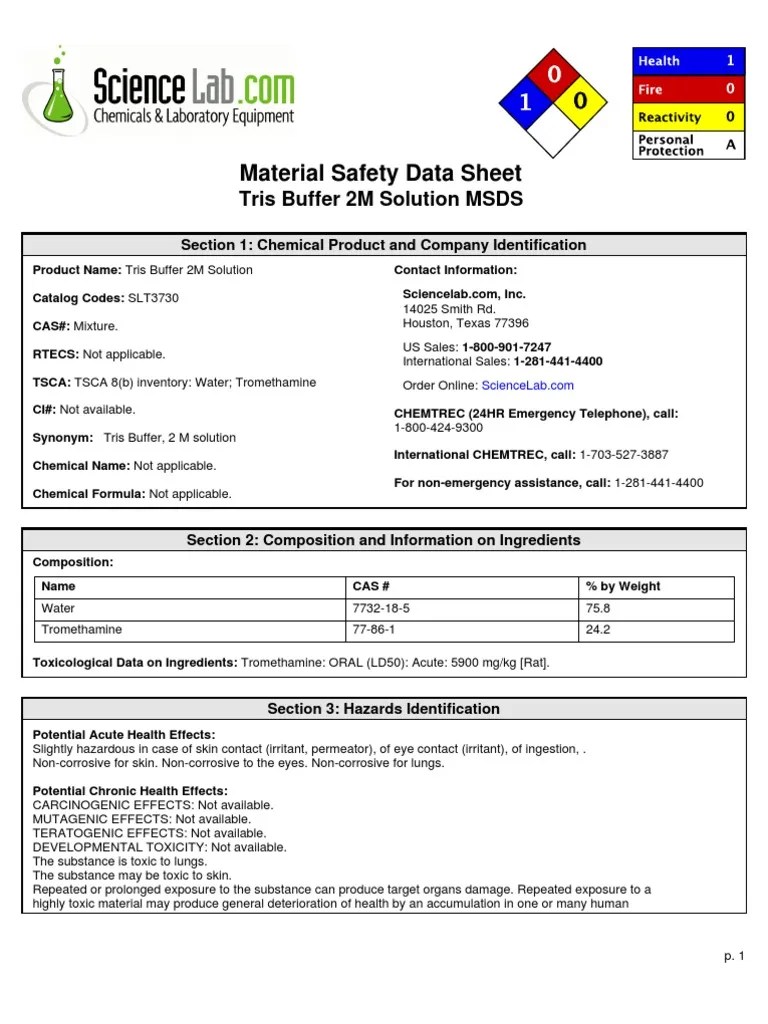 MSDS Tris Buffer Toxicity Flammability