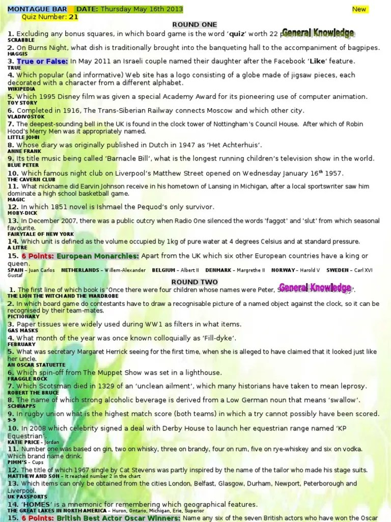 Pub Quiz Questions Leisure