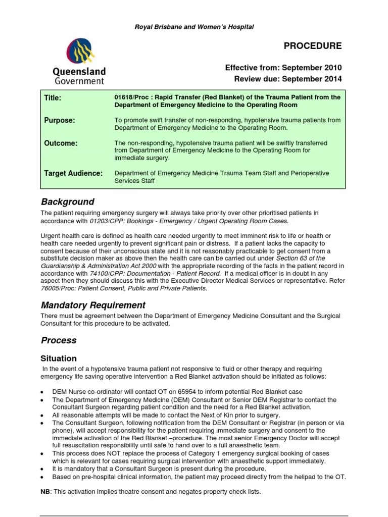 Red Blanket Protocol RBWH PDF Emergency Department Surgery