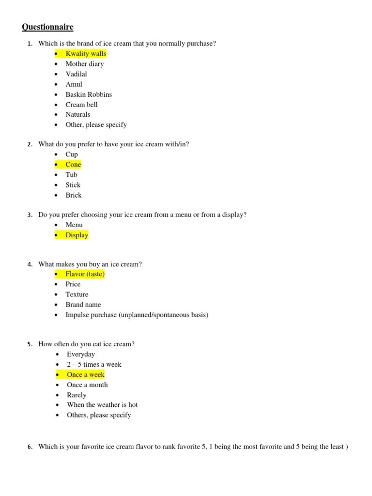 Questionnaire of Ice Cream Survey Ice Cream Cream Free 30day Trial Scribd
