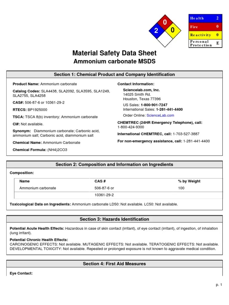 (NH4)2CO3 Toxicidad Mercancías peligrosas