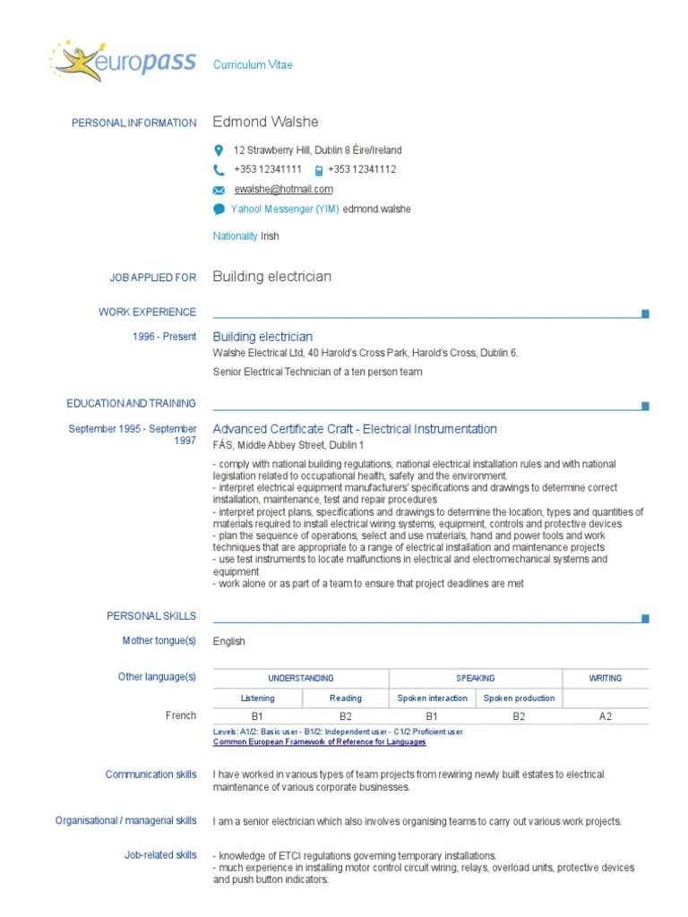 Europass CV Example 1 en IE Electrician Professional Certification
