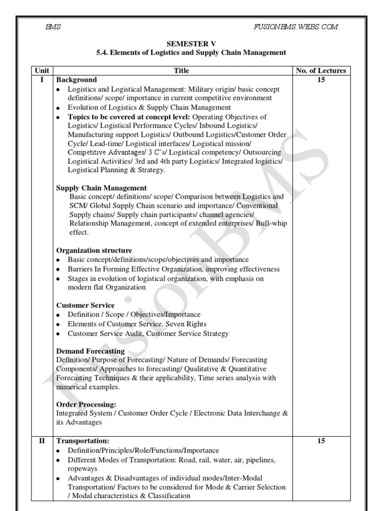 Elements of Logistics and Supply Chain Management SYLLABUS 5.4 Supply