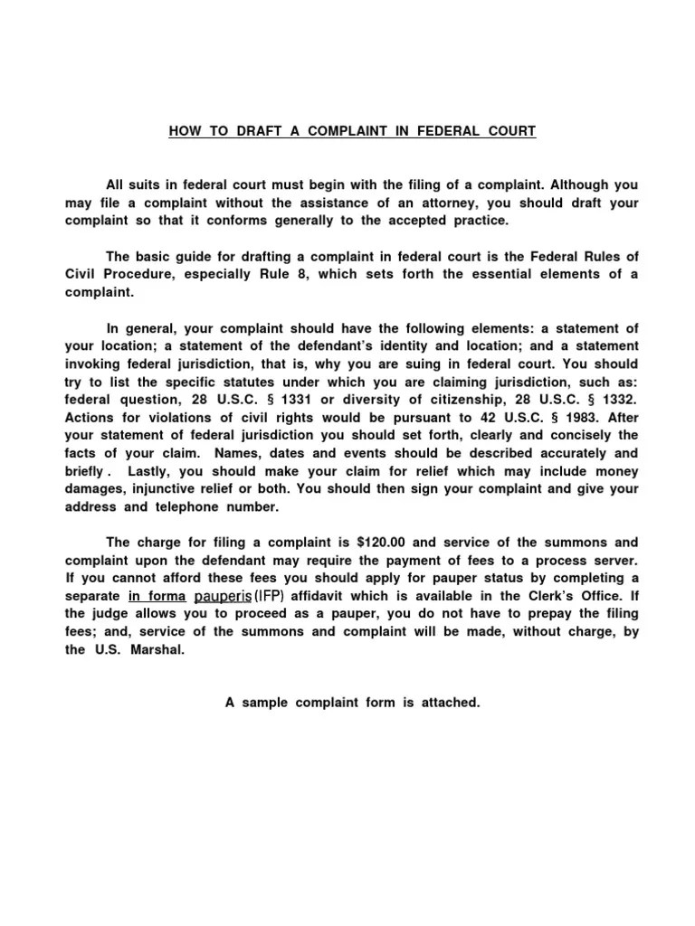 How to Draft a Federal Complaint Service Of Process Complaint