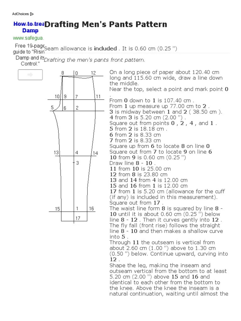 Drafting Men's Pants Pattern PDF Seam (Sewing) Teaching Mathematics