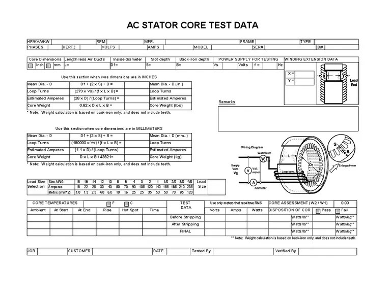 Ac Stator Core Test Data