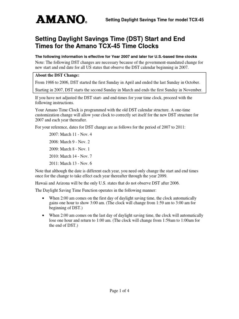 Setting Daylight Savings Time (DST) Start and End Times For The Amano