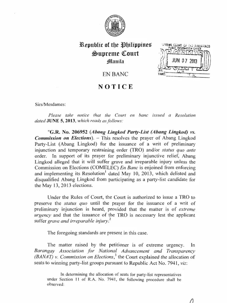 Status Quo Ante Order Abang Lingkod PL GR 206952 with separate opinion