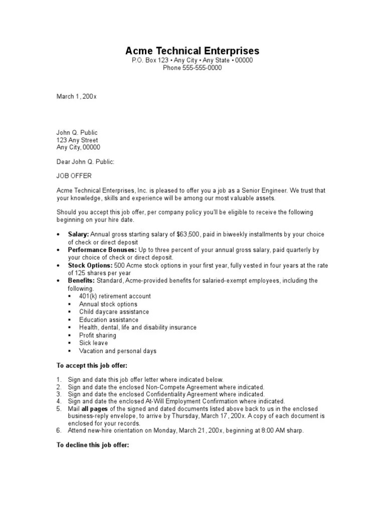 Job Offer Letter Employment Salary