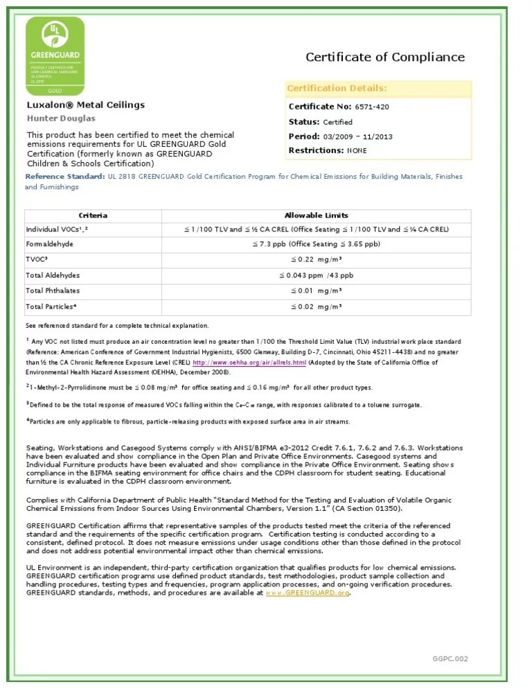 Metal Greenguard Gold Certificate PDF Air Pollution
