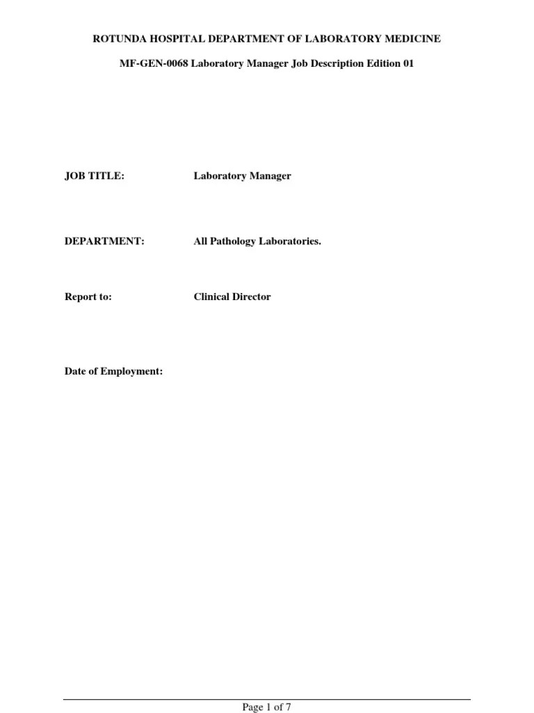 Laboratory Manager Job Description PDF Medical Laboratory