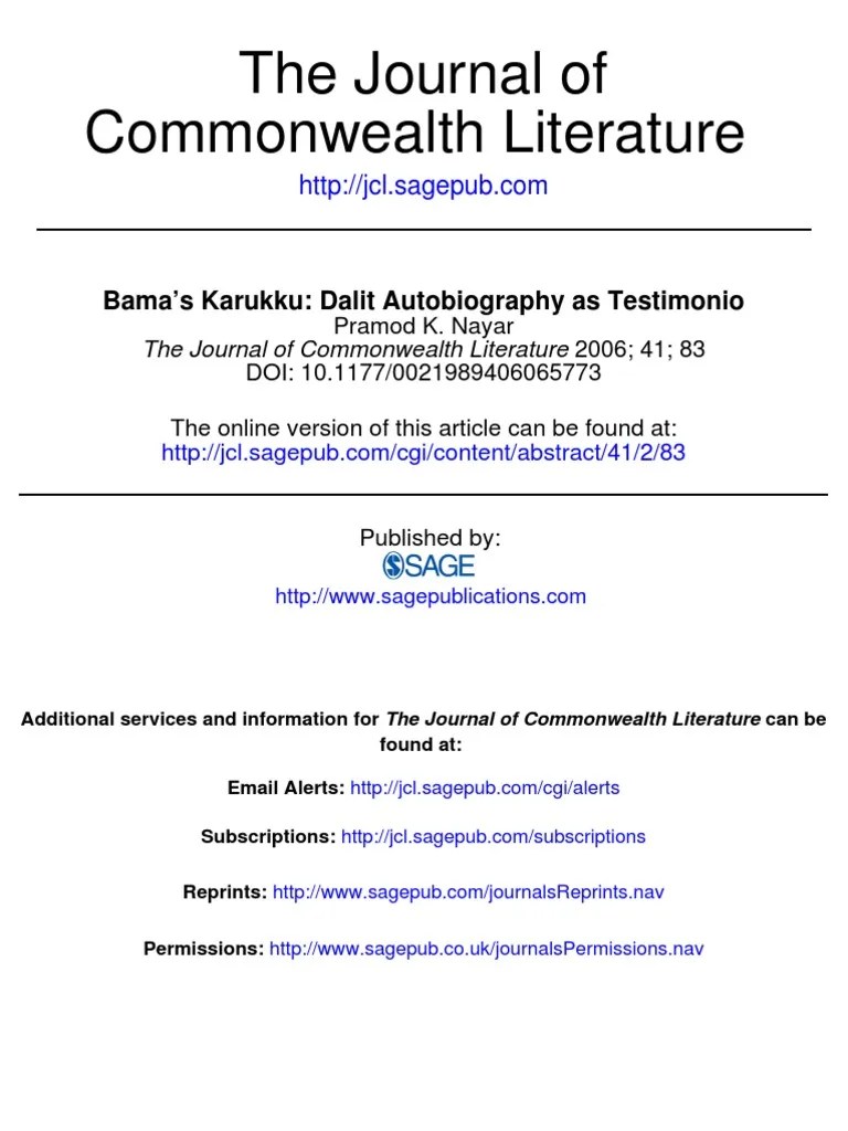 83 Bama’s Karukku Dalit Autobiography as Testimonio Dalit Testimony