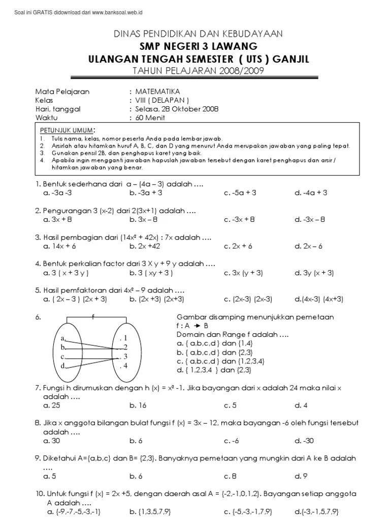 Soal SMP Kelas 8 - MATEMATIKA - Ujian Tengah Semester Ganjil | PDF