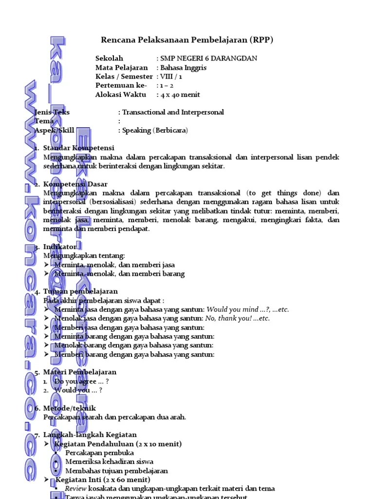 RPP Bahasa Inggris SMP Kelas 8