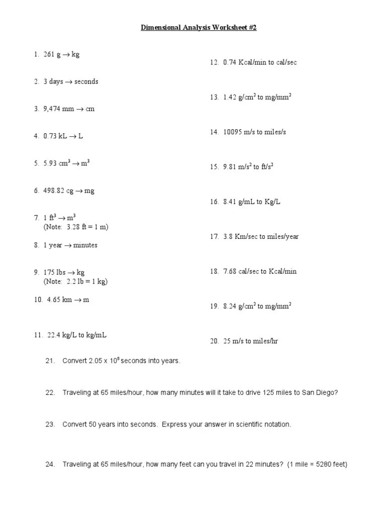 Dimensional Analysis Worksheet 2 PDF Volume Litre