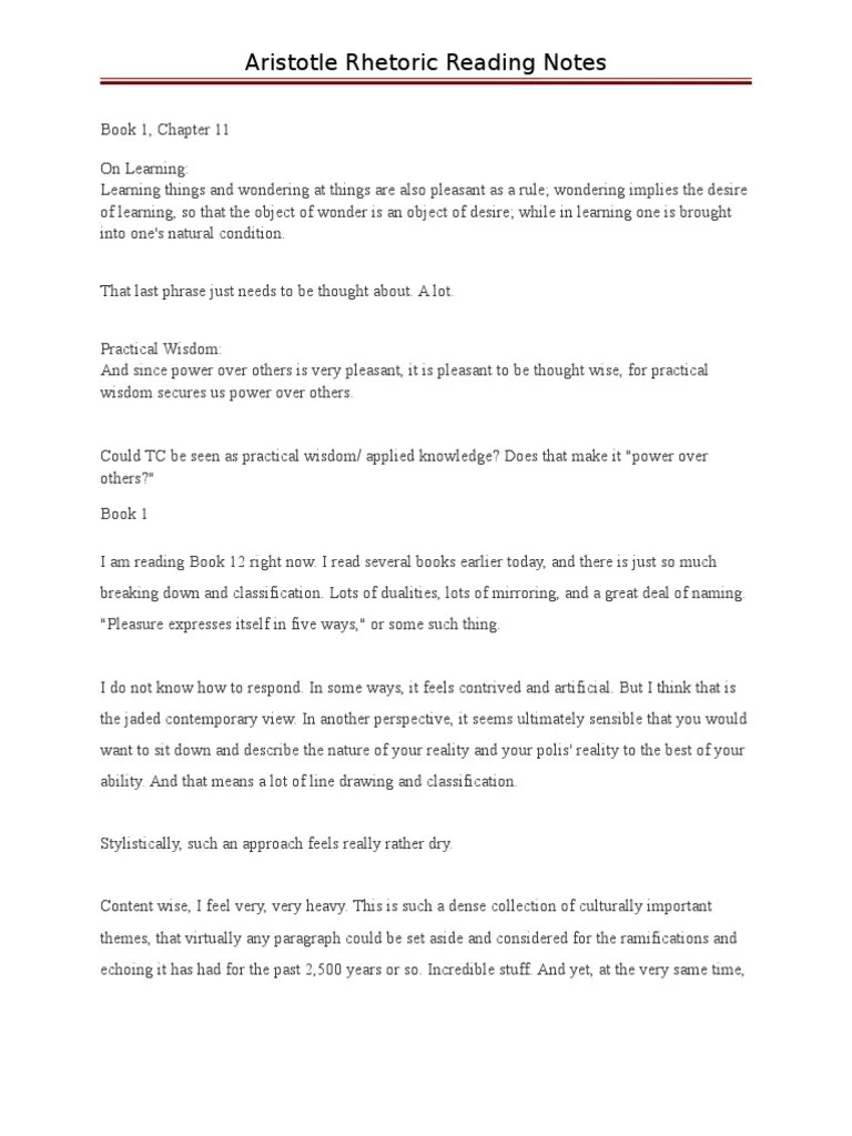 Aristotle Rhetoric Reading Notes