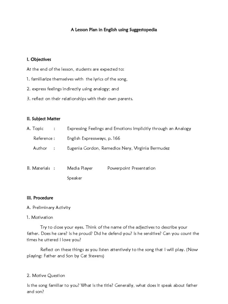 A Lesson Plan in English Using Suggestopedia Analogy Lesson Plan