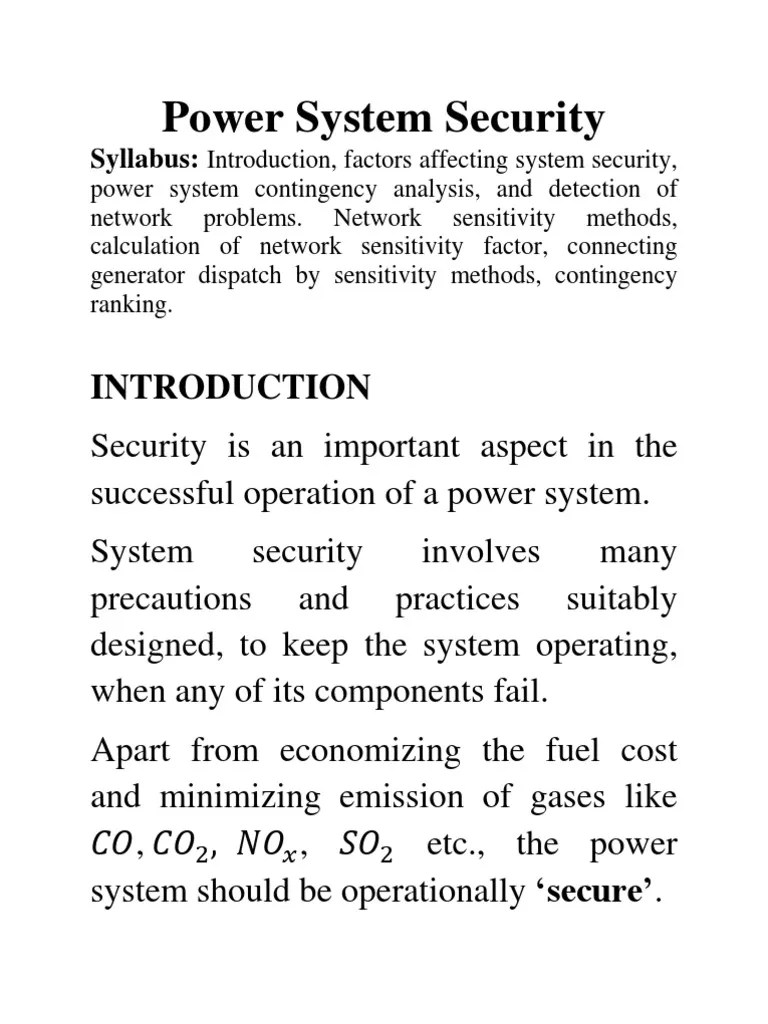 CH 2 Power System Security PDF Electric Power System Electric