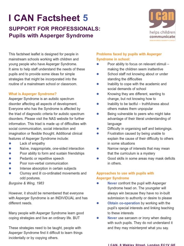Factsheet Pupils With Asperger Syndrome Asperger Syndrome Autism