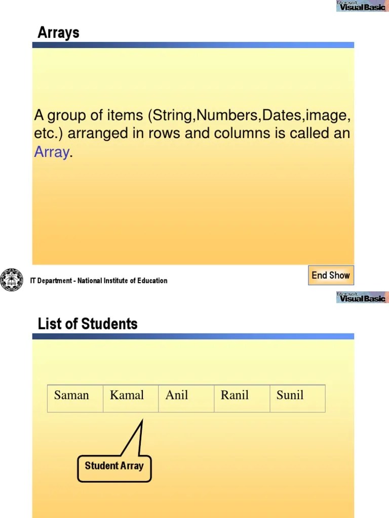 Arrays A Group of Items (String, Numbers, Dates, Image, Etc.) Arranged in Rows and Columns Is