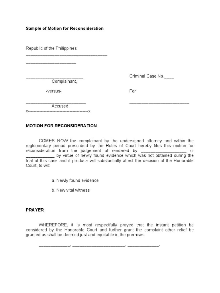 Sample of Motion for Reconsideration