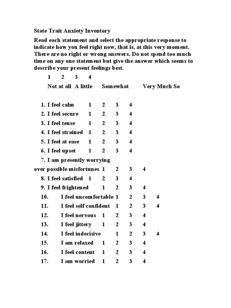 State Trait Anxiety Inventory Tests Psychological Testing