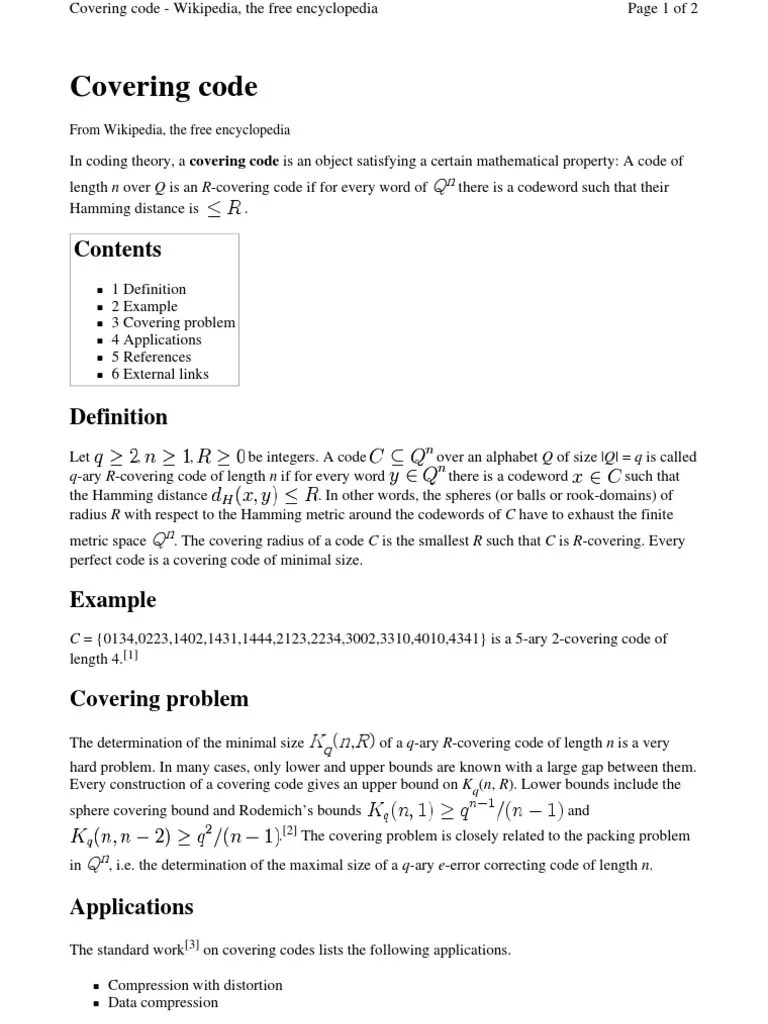 Covering Code PDF Code Discrete Mathematics