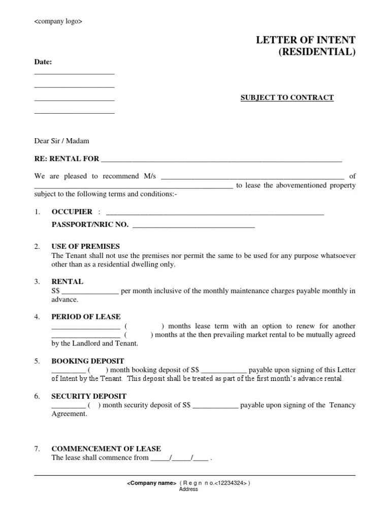 LOI Residential Letter of Intent Lease Leasehold Estate