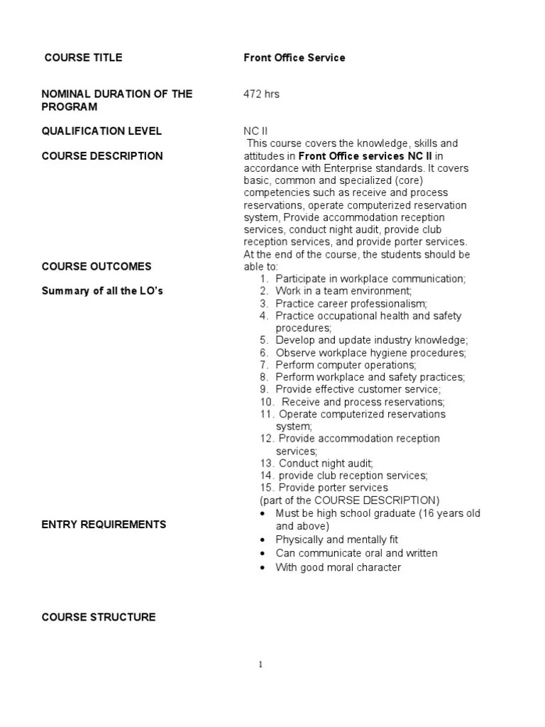 Front Office NC2 Cbc from TESDA Hygiene Occupational Safety And Health