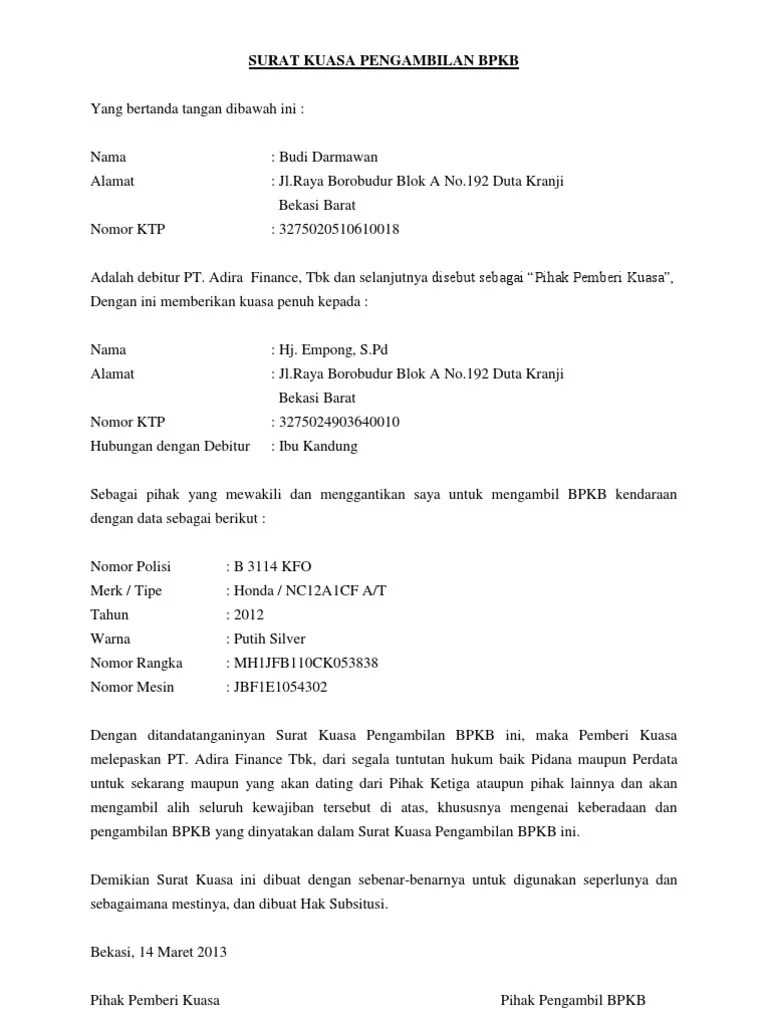 Surat Kuasa Pengambilan Bpkb Adira Fill Online Printable Fillable Blank Pdffiller surat kuasa bpkb motor