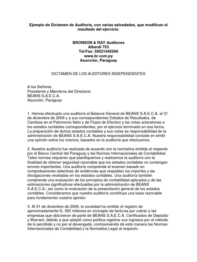 Ejemplo de Dictamen de Auditoría Auditoría financiera Valor neto