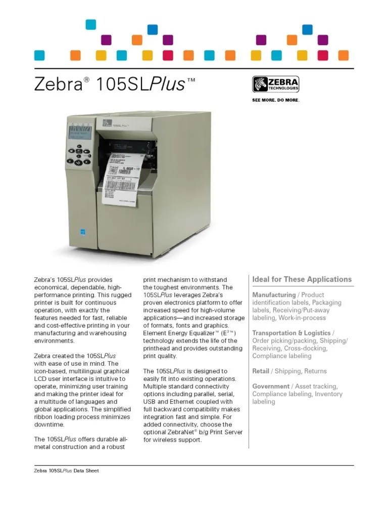 Zebra 105SL Plus Product Brochure Printer Usb