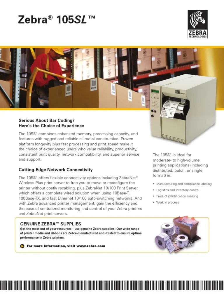 Zebra 105sl Industrial Printer Datasheet Printer Barcode
