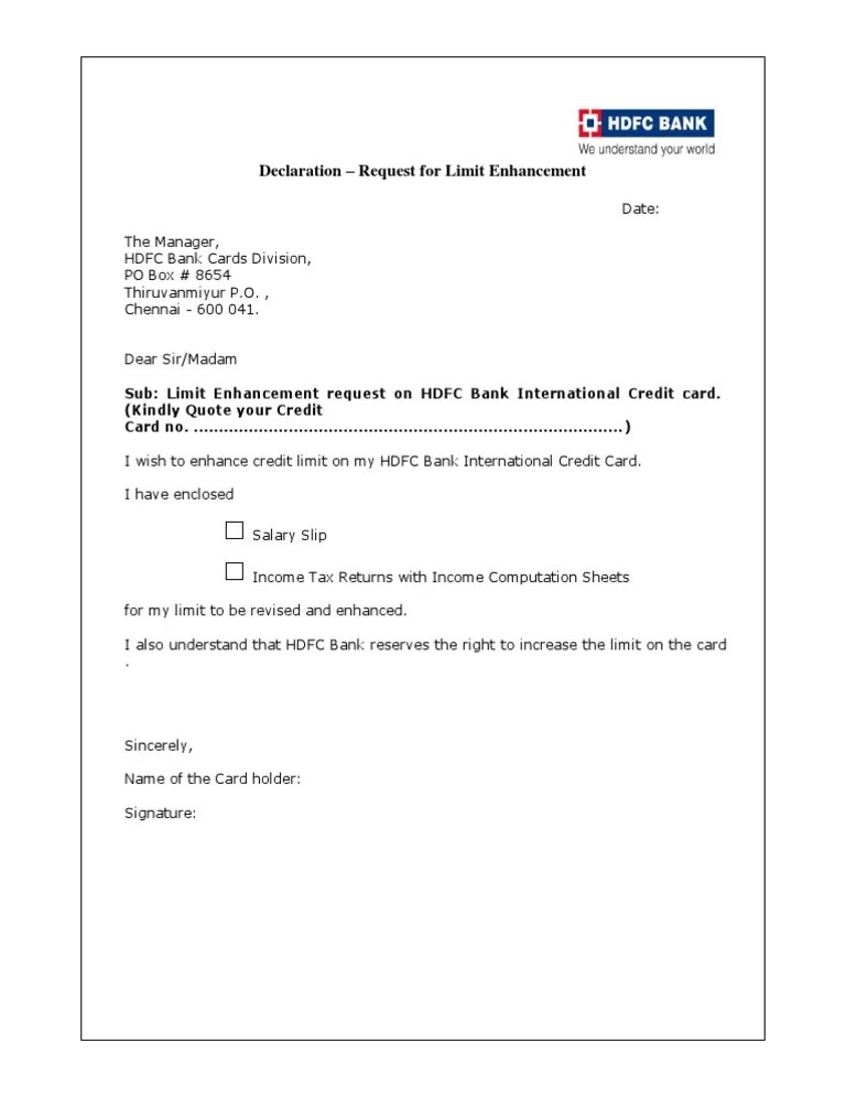 HDFC Credit card limit enhancement form Credit Card Taxation