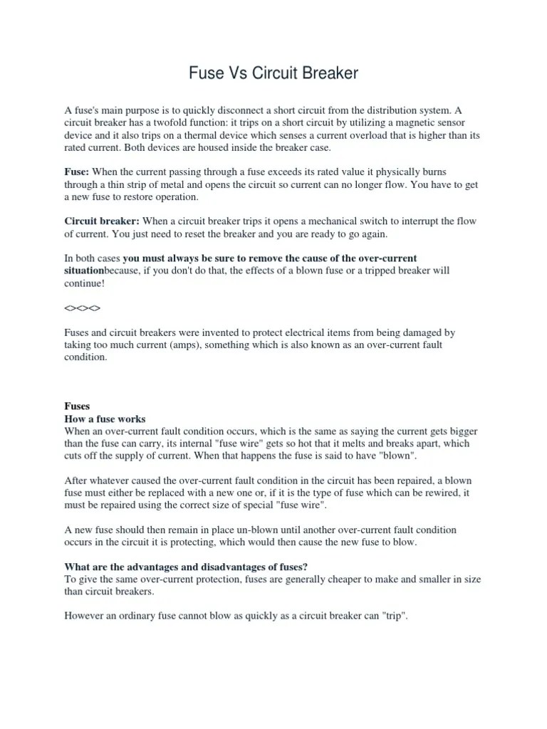 Fuse Vs Circuit Breaker PDF Fuse (Electrical) Relay