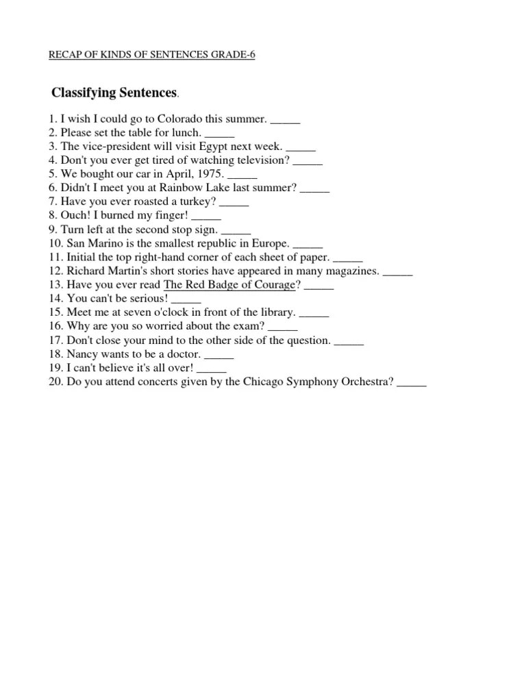 Classifying Sentences A Recap of Different Sentence Types for Sixth Grade Students PDF