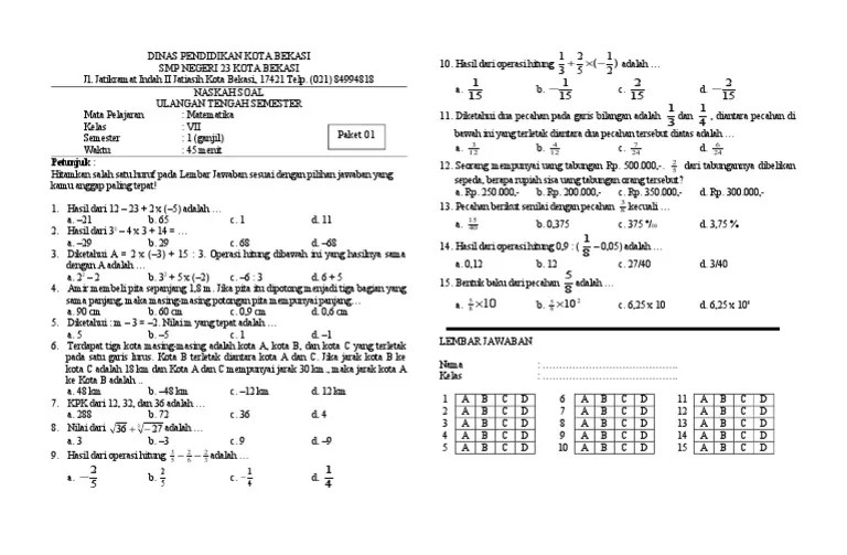 Contoh Latihan Soal: Soal Soal Ulangan Semester 1 Smp Kelas 7 Matematika