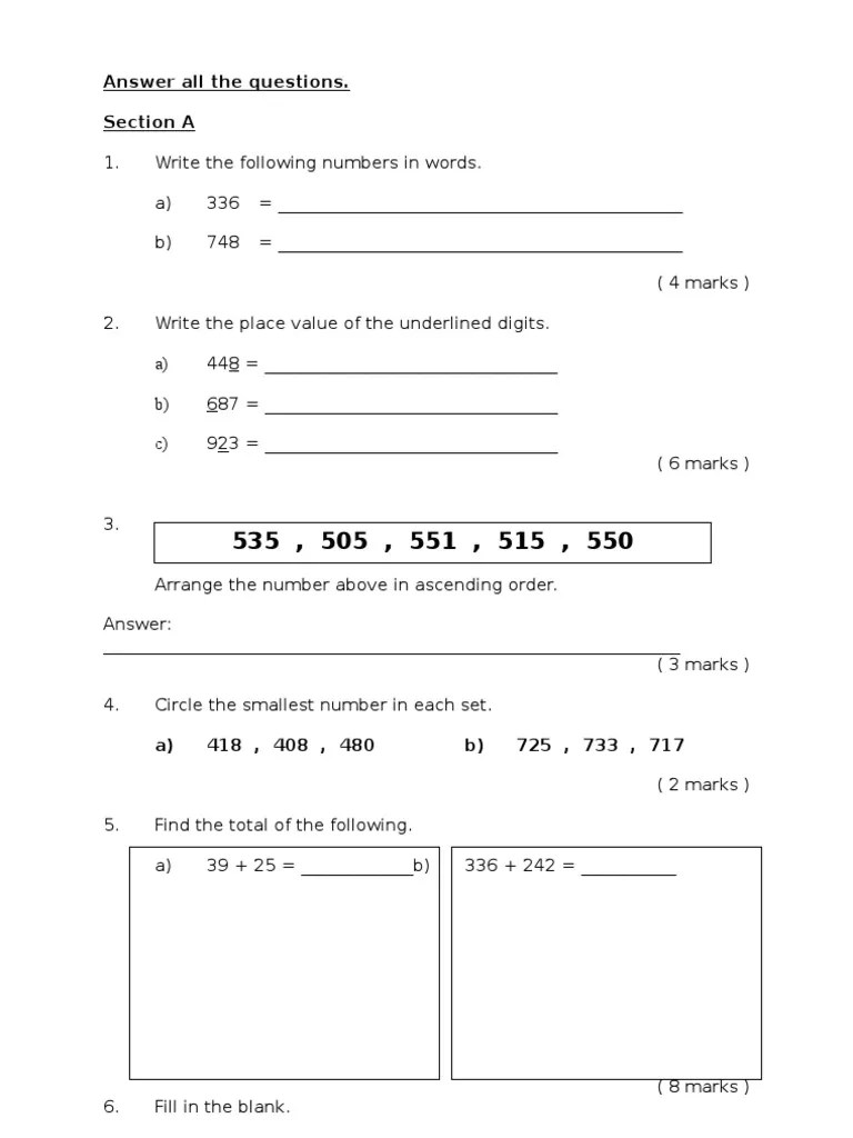 soalan matematik tahun 2 akhir tahun