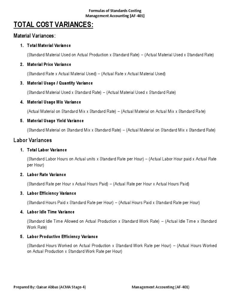Formulas of Standard Costing PDF Cost Accounting Management