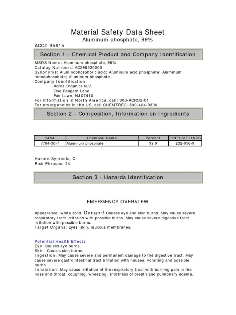 MSDS Aluminum Phosphate Dangerous Goods Hazardous Waste