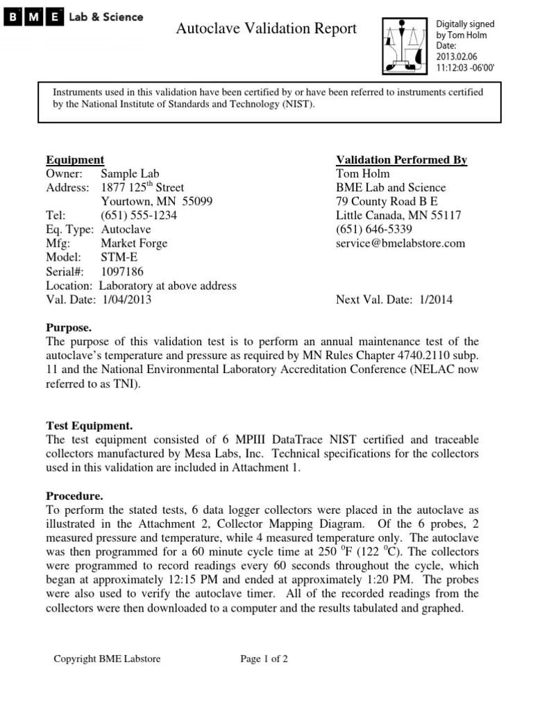 Sample Autoclave Validation Report 1042013 PDF National Institute