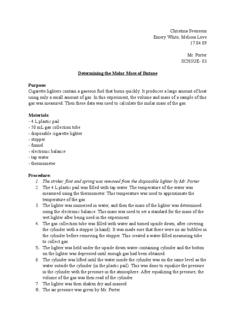 Determining the Molar Mass of Butane. C. S. Mole (Unit) Gases