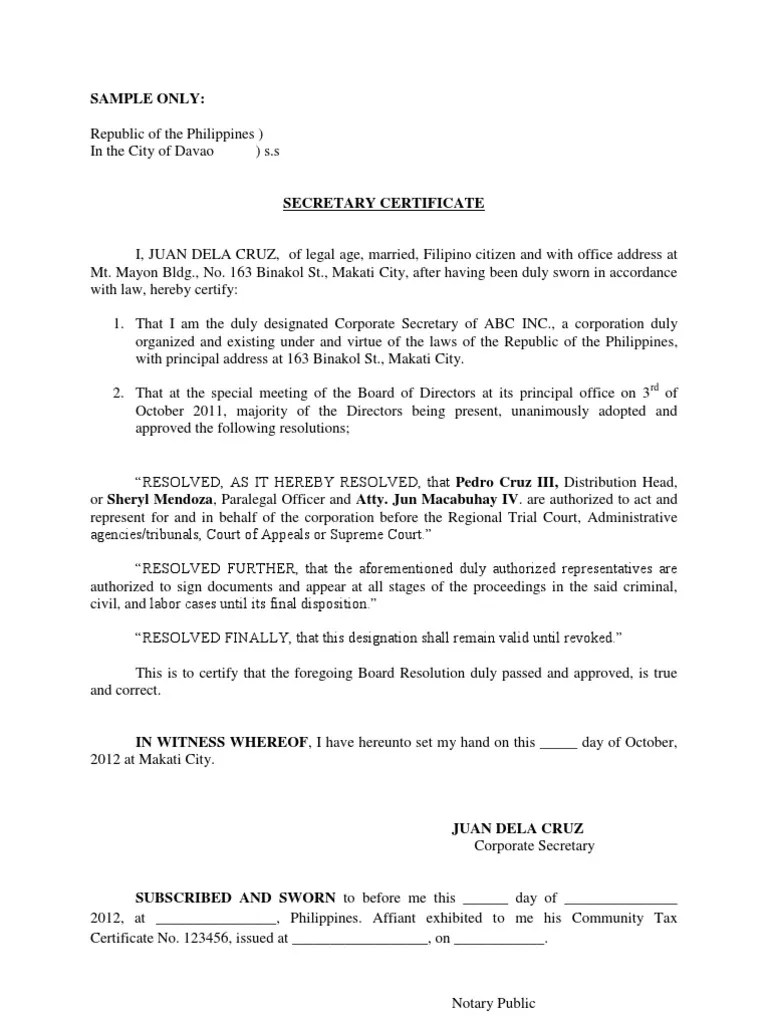 Secretary Certificate Sample