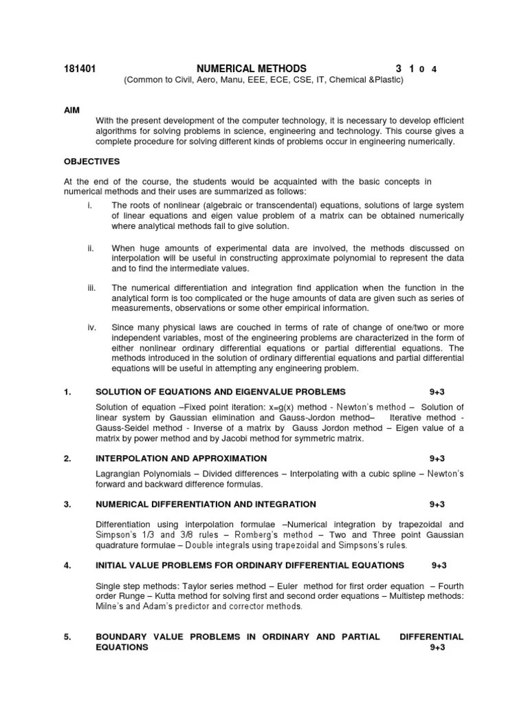 Numerical Methods Syllabus PDF Numerical Analysis Eigenvalues And