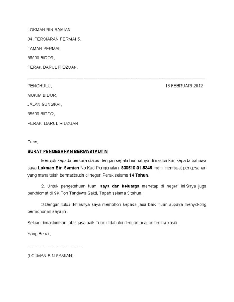 Contoh surat kerja lebih masa. SURAT PENGESAHAN BERMASTAUTIN.doc