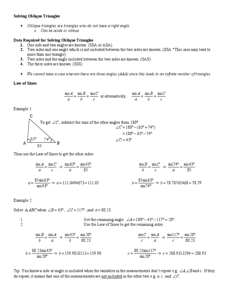 Solving Oblique Triangles PDF Trigonometric Functions Sine