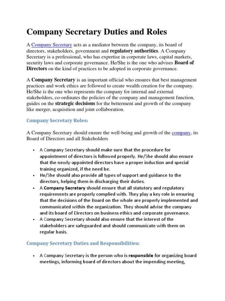 Company Secretary Duties and Roles Articles Of Association Board Of