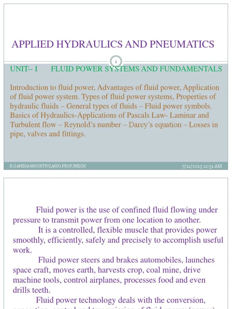 Applied Hydraulics and Pneumatics Unit I Fluid Power Systems and