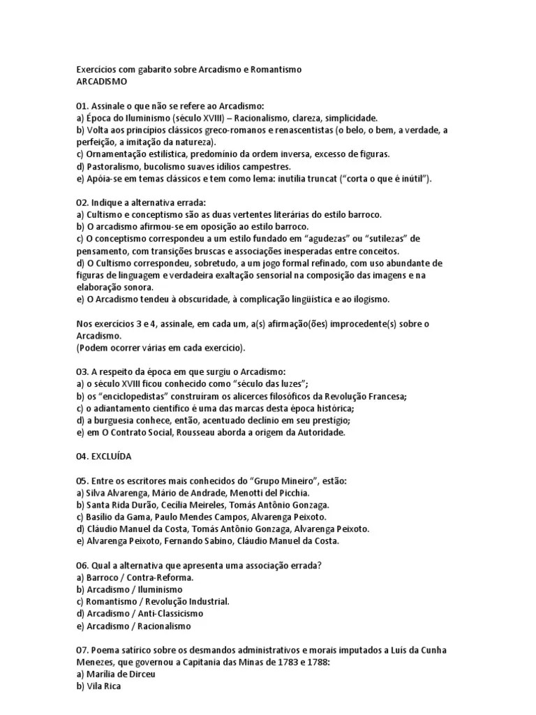 Exercícios com gabarito sobre Arcadismo e Romantismo Romantismo Poesia