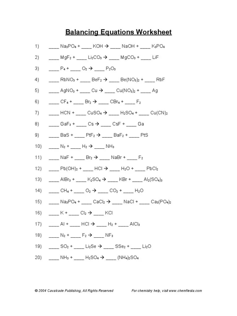 Balancing Equations Worksheet